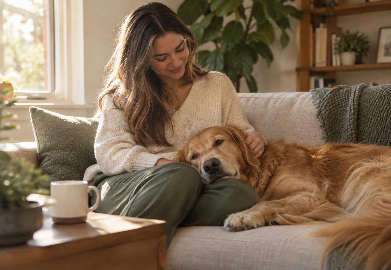 Një qen golden retriever i qetë pranë pronares së tij